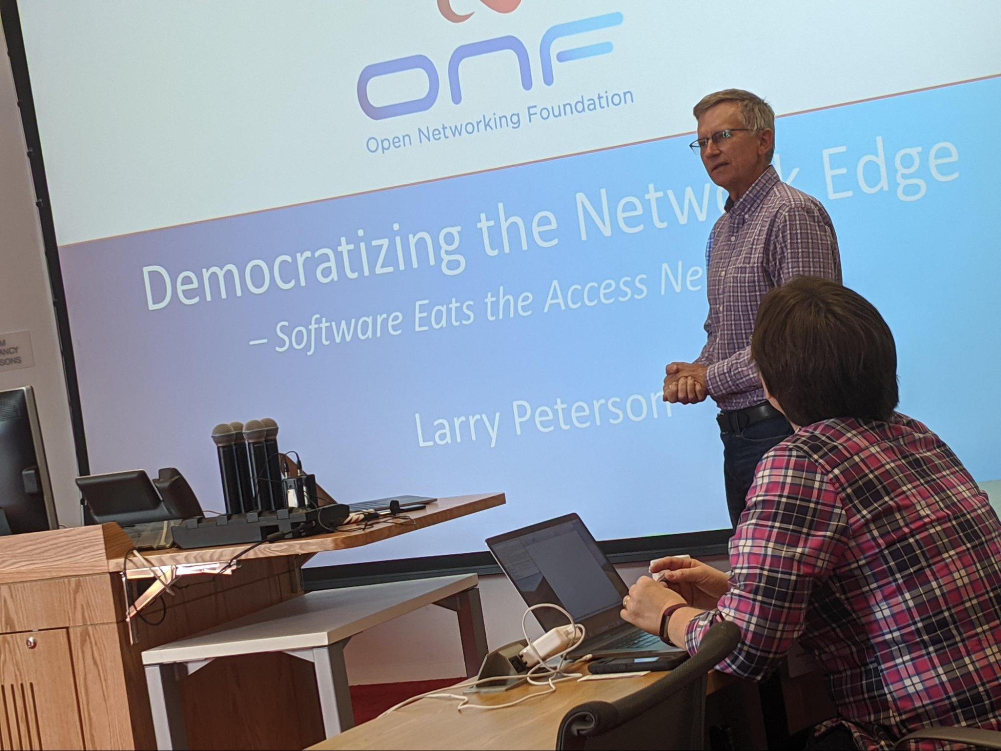 Larry Peterson, CTO of the Open Networking Foundation, presents the keynote 'Democratizing the Network Edge' at the NPI Fall Retreat.